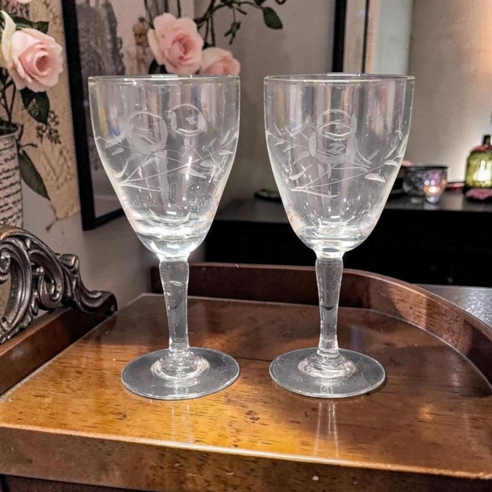 Rose‎ Etched Glass Cordials, Set of 2, Floral Liqueur Glasses, Vintage Stemware
